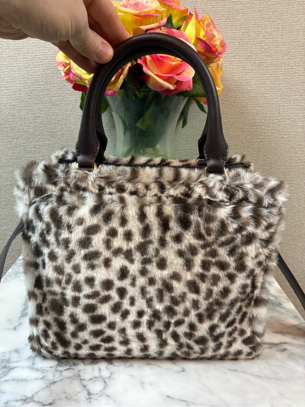 Karl Lagerfeld Snow Leopard Faux Fur & Brown Leather Satchel Bag - NWOT - Picture 4 of 9
